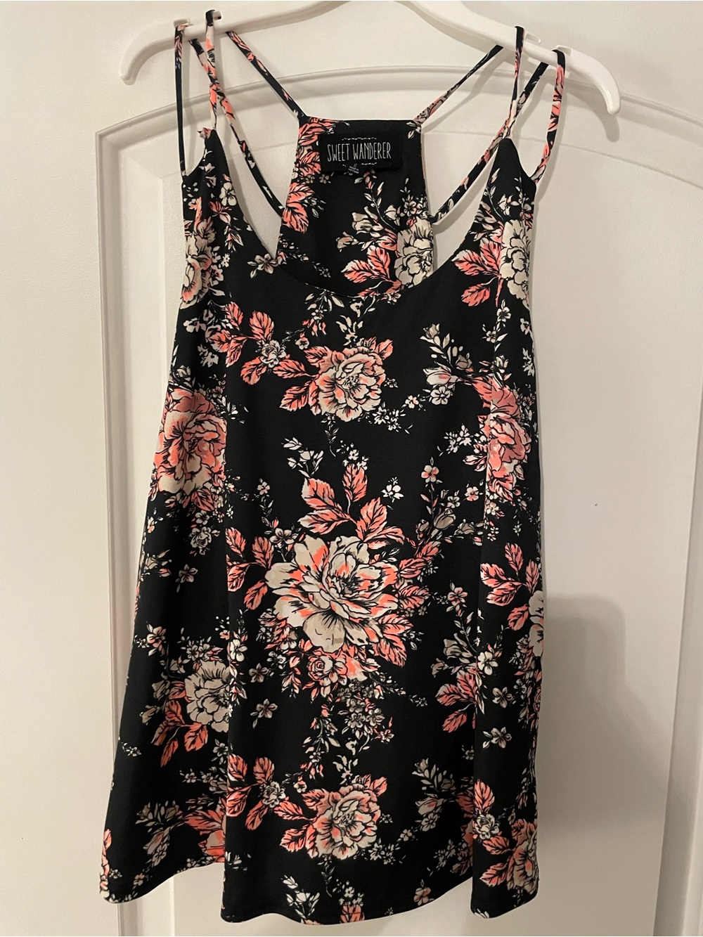 Sweet Wanderer Black Floral Slip Dress with Coral and Cream Blooms